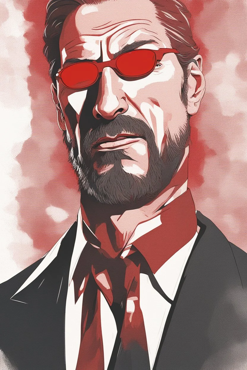 an muscular and menacing Hans Gruber wearing red-tinted glasses