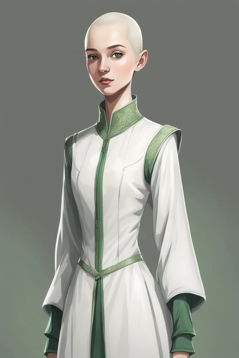 full length colour drawing, portrait, 22-year old friendly slender female human cleric, shaved head, light eyebrows, grey eyes, wearing white (10%) and dark green (80%)