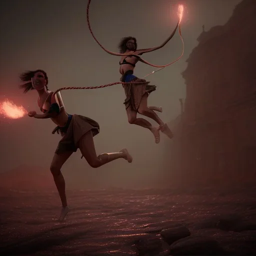 Two women skipping with a rope, demons and angry gods fight in the background, in the style of a Michael Moorcock book cover.