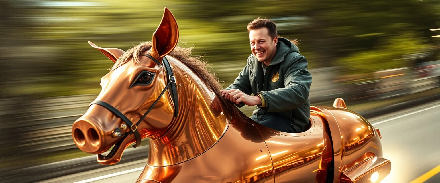 motion blur, close up, portrait of hippie Elon Musk riding an awesome spaceship in copper, fast one in the shape of a horsepig is half horse half pig, now its gonna do an awesome gig , bokeh like f/0.8, tilt-shift lens 8k, high detail, smooth render, down-light, unreal engine, prize winning