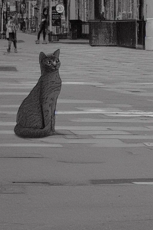 one single mature cat walking on the street, thoughtful, mourning, model style, hyper realistic, extremely accurate, delicate, extremely detailed, Graphic novel style, wide-angle, open aperture, superfine pencil