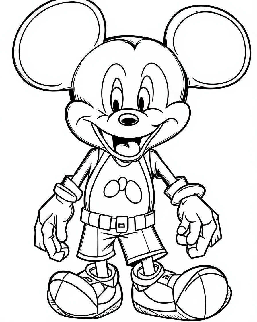 outline art for Mickey Mouse coloring page, Japanese manga style, cartoon style, cute face, white background sketch style, full body is a must, only use outline, clean line art, no shadow, bold outline