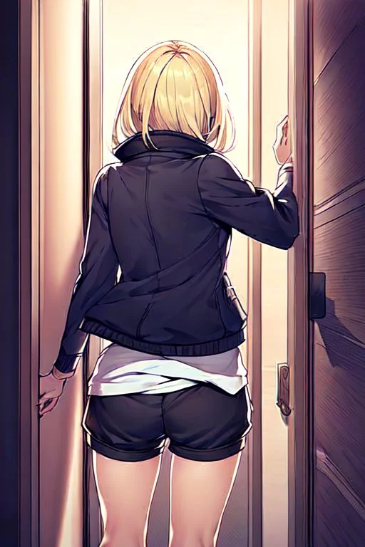 blonde girl with short jacket and shorts runs in a corridor in front at a mystery door, back view, line arts, manga style