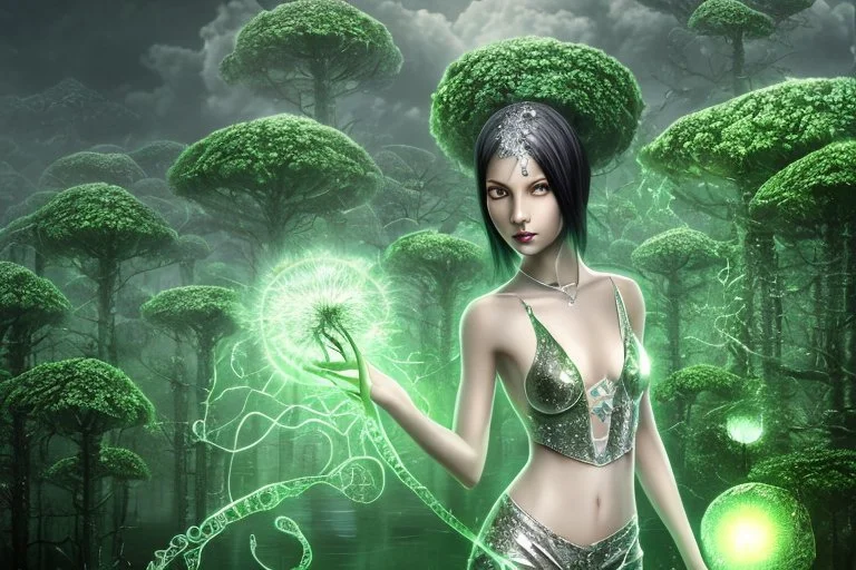 A skinny woman with a black bob hairstyle, in a green and silver suit, standing, looking out over a lake, in an alien forest, with tall narrow cloud trees, with flying dandelion heads with octopus tentacles