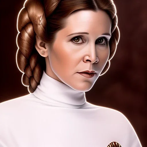 extremely detailed 8k hyperspace wallpaper,complete and photo realistic detailed head to waist stunning photo realistic portrait of carrie fisher as Princess Leia in star wars with Symmetrical, soft, fine, warm, photo realistic hair, brown eyes, professional majestic photo realistic painting by Ed Blinkey, Atey Ghailan, by Jeremy Mann, Greg Manchess, Antonio Moro, trending on ArtStation, Intricate, High Detail, Sharp focus, dramatic, by greg rutkowski,