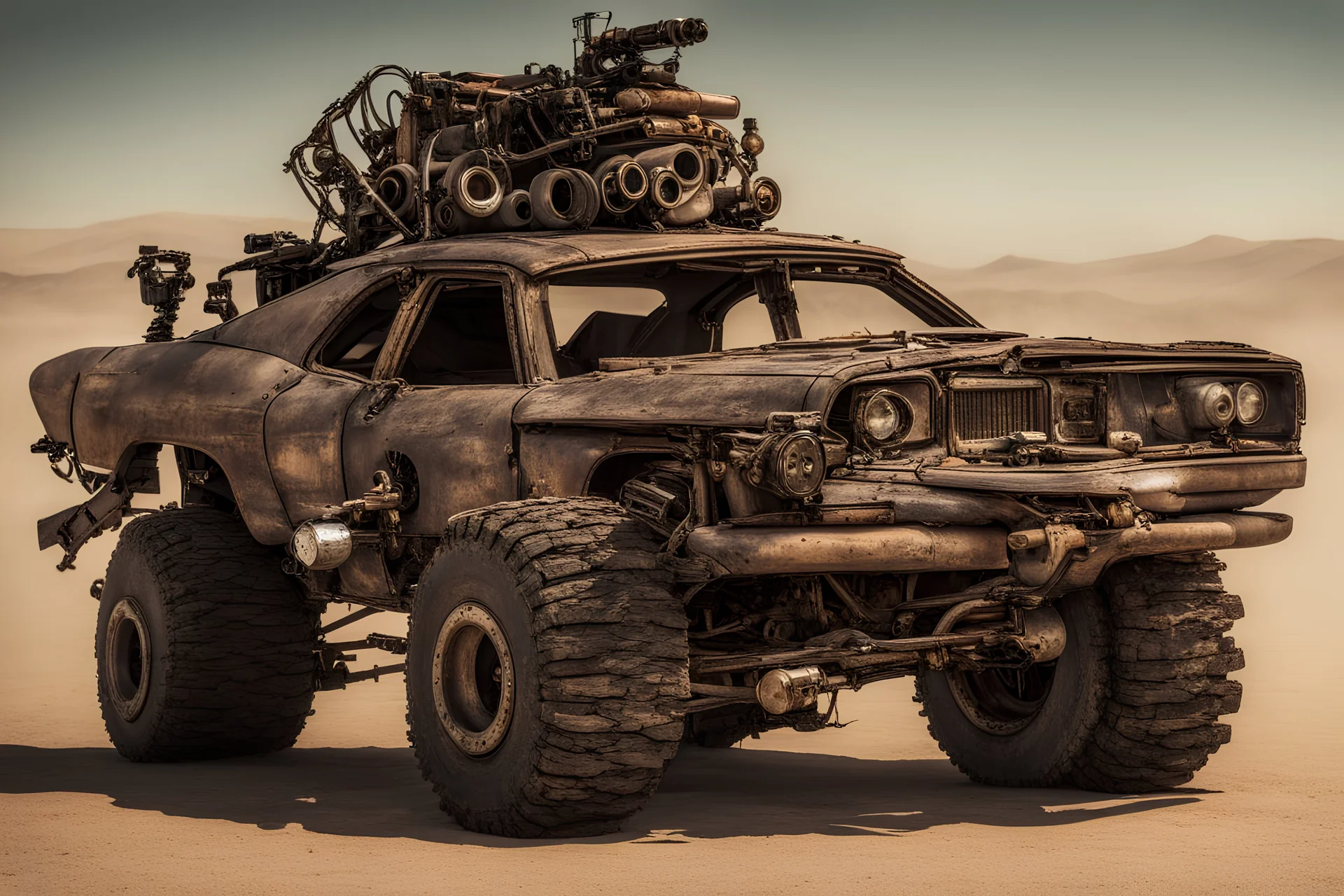 aus Schrott und anderen Teilen zusammengebautes Fahrzeug im MAD Max style