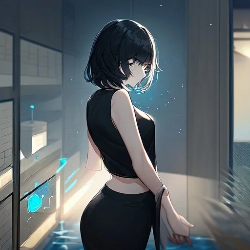 Clear focus,High resolution, black short fluffy hair, long fluffy bangs, and dark blue eyes, Depressed girl, wearing a black short shirt with a black sleeveless crop top, dark aura, controlling water, in a dark blank room