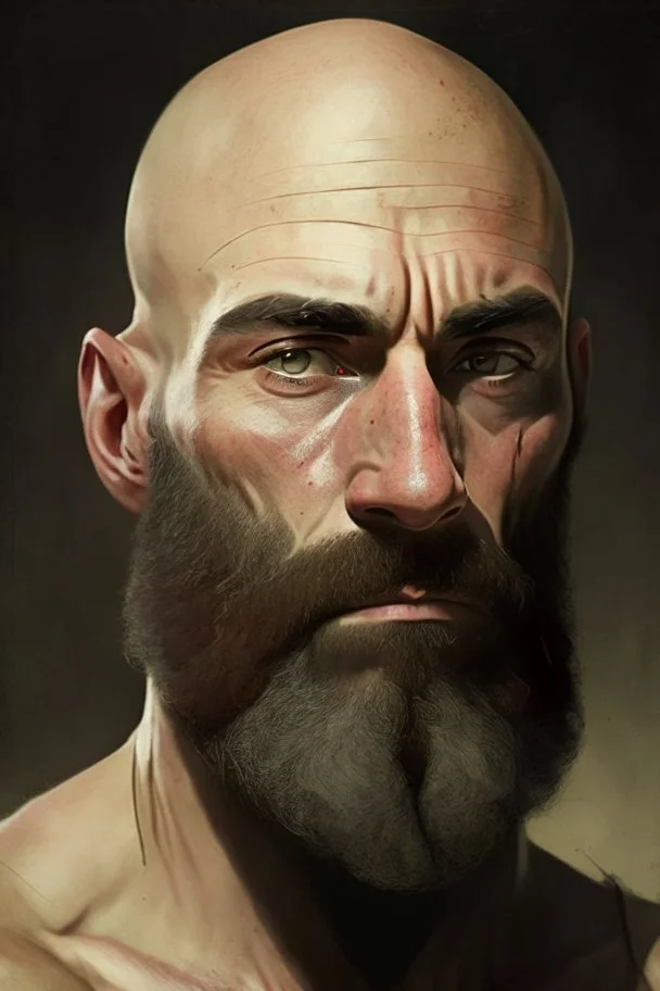 Portrait of a bald man, muscled, with quite-long brown beard, a black bandage on his left eye,