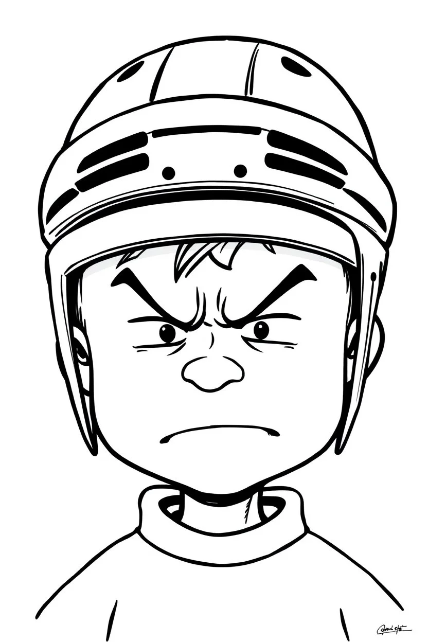 calvin angry with head down wearing a hockey helmet, line art cartoon