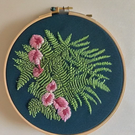 ferns in embroidery hoop, intricate, highly detailed