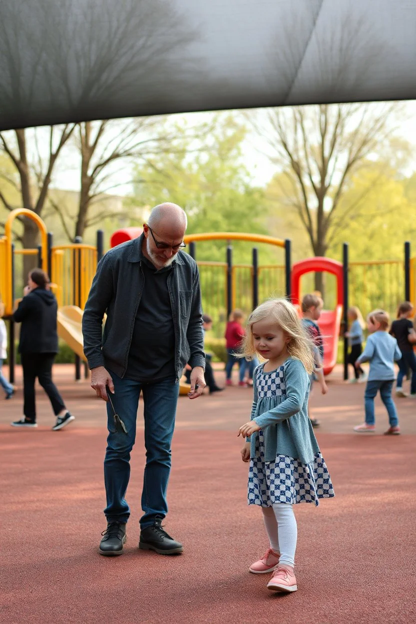 a creepy small skinny 40 year old dad in the playground with his young 3 year old daughter with blonde hair playing on the playground but the dad is checking out all the other kids curvy mums . there are many kids playing on the playground