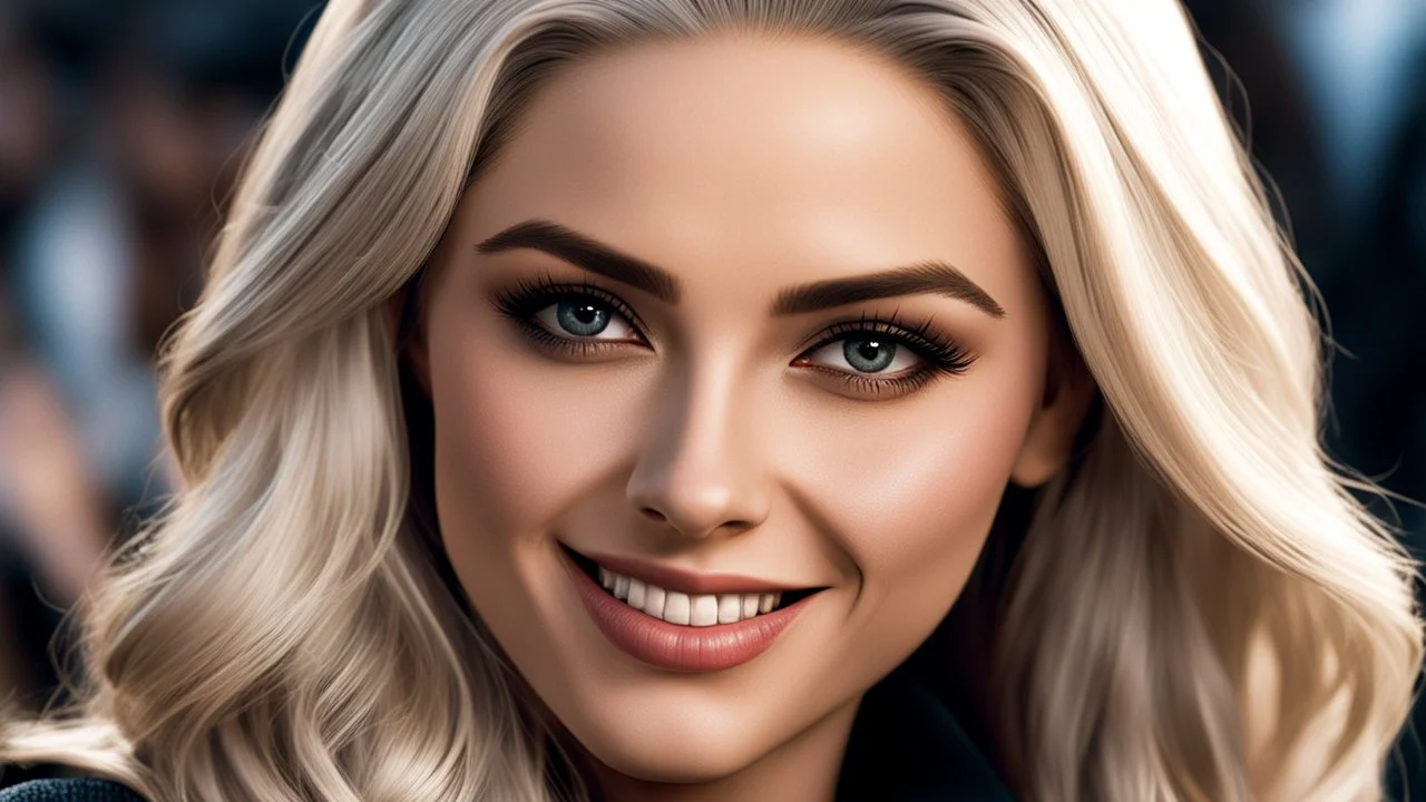 A movie capture, realistic depth, close-up of a platinum-white hair smiling woman, 1girl, (resemblance of ashleyBenson:0.6), wild long hair, dynamic pose, crime drama, {Aesthetics from:Law&Order, CSI, Criminal Minds}, {aaton-penelope: high angle, face shot, 35mm, classic anamorphic feel: barrel distortion, gradual linear focus fall off, oval bokeh, and gorgeous amber lens flares}, atmospheric cinematography, dramatic lighting, wide depth of field, ultra-realistic, {Gestalt Principles, Gestalt