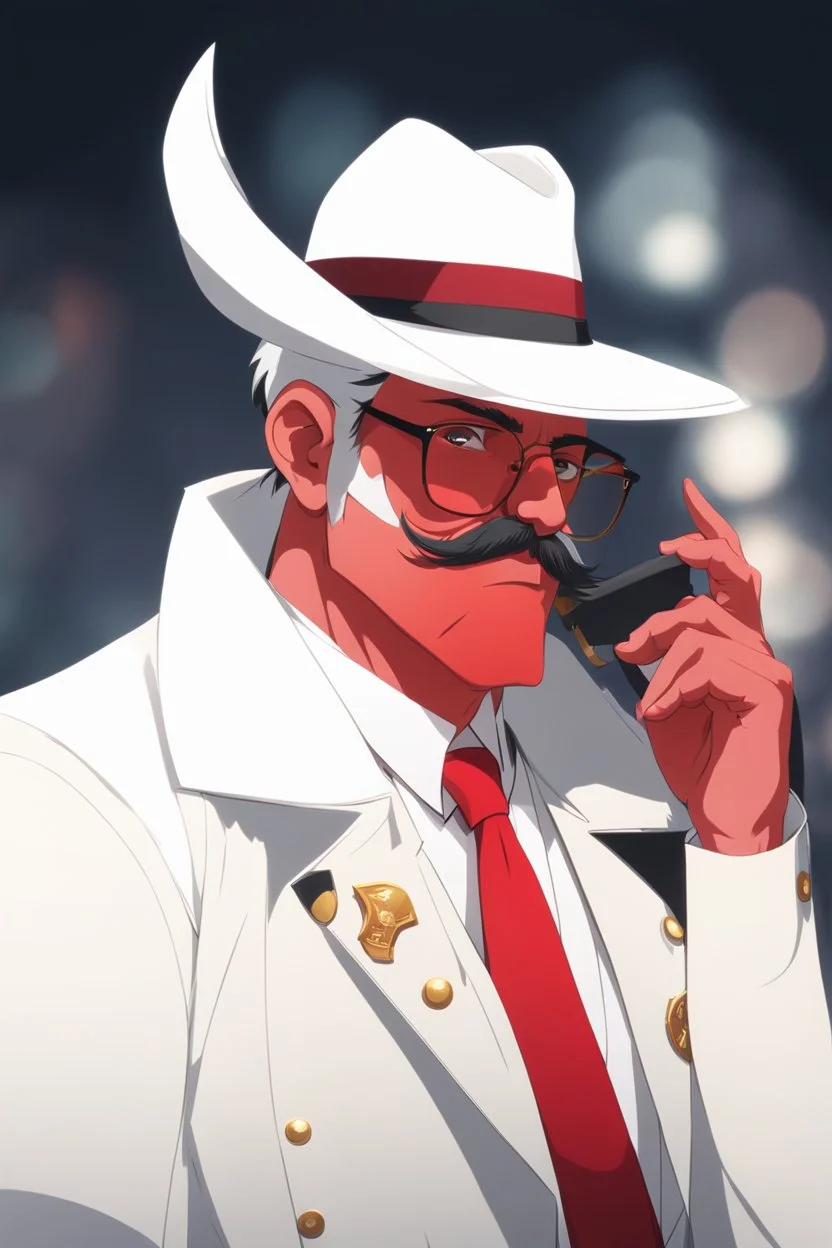 An old male crimson red demon wearing a white and gold police comisioner outfit, he is also wearing glasses, he has a white scruffy mustache, and a small black fedora.