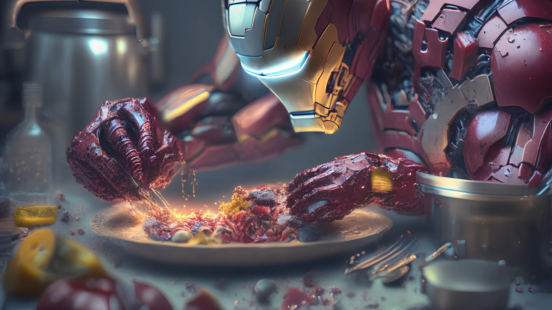 ironman making the dinner, intricate, 8k, macro photography, hyperdetailed,