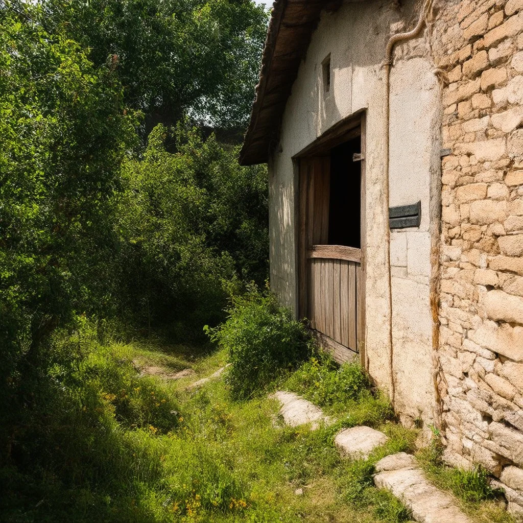 Odd village, details of the houses very accentuated, Max Ernst style, rural Romania, claustrophobic