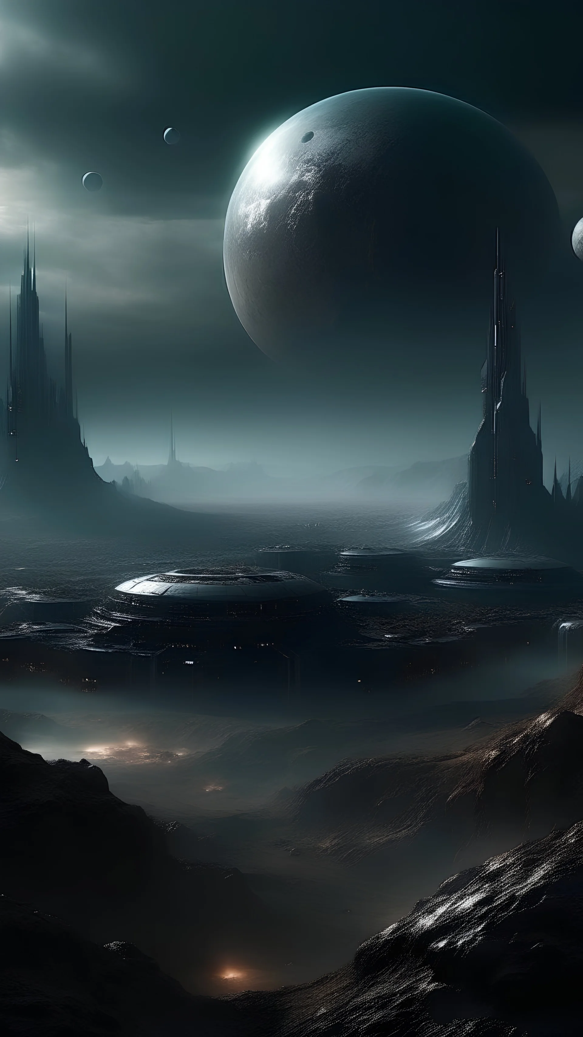 sci fi planet, dark, mysterious, tundra, city