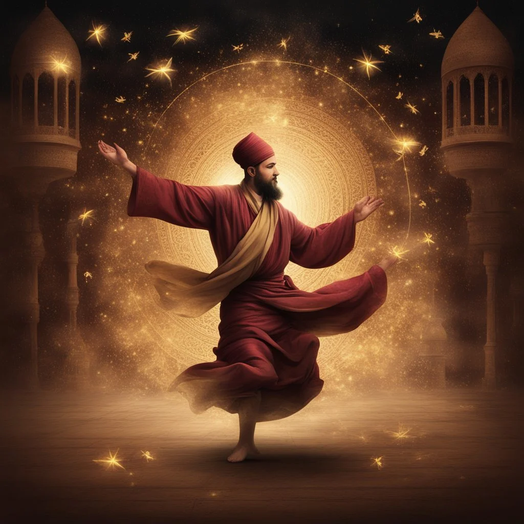 Hyper Realistic Sufi Whirling with Golden, Maroon & Brown Islamic Sufi Rustic Grungy Background with Islamic Architecture at night with glowing fireflies