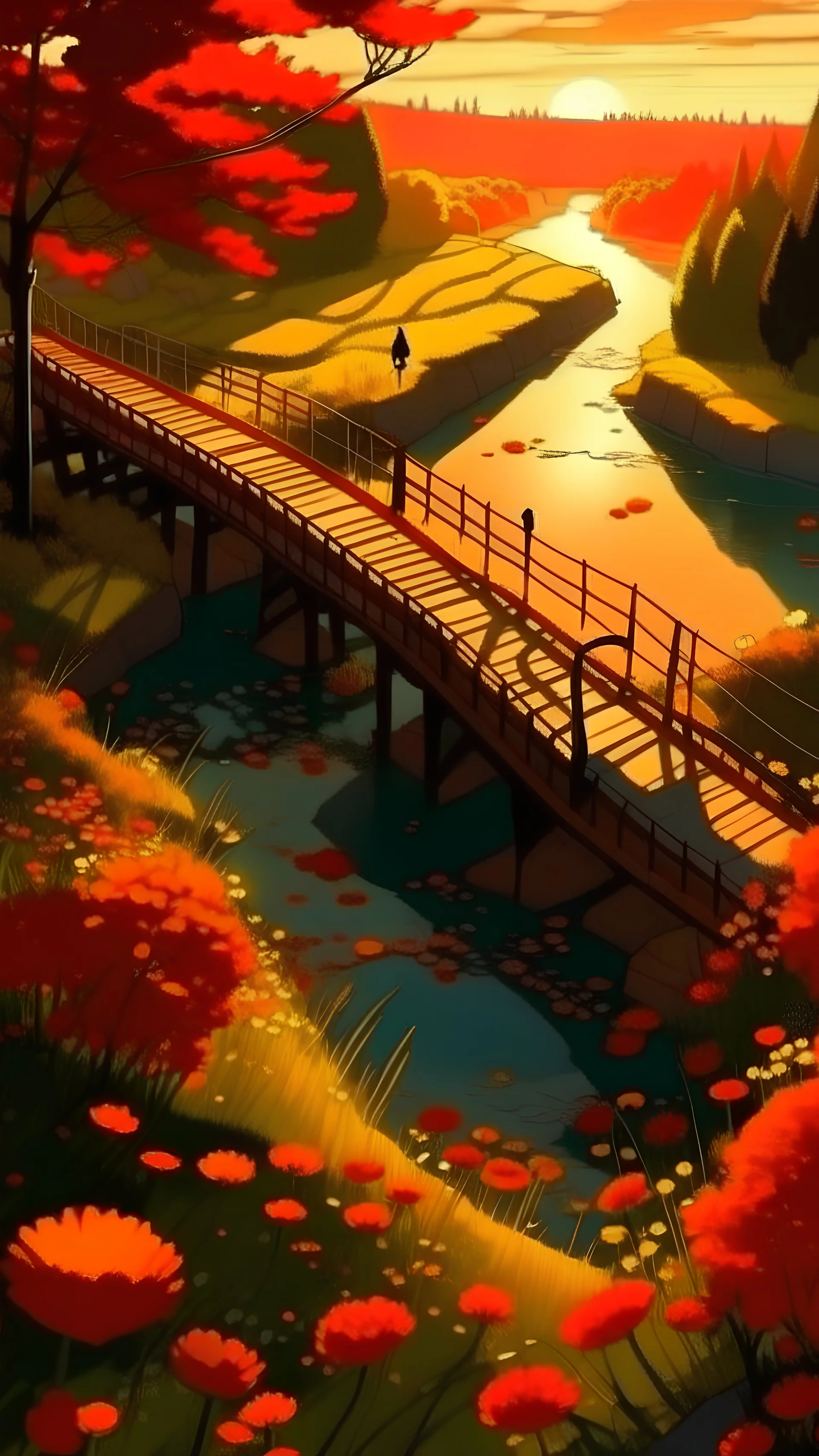 Vista aérea de un puente sobre un arroyo, flores rojas en la orilla, atardecer dorado, sombras largas, dibujo estilo pixar