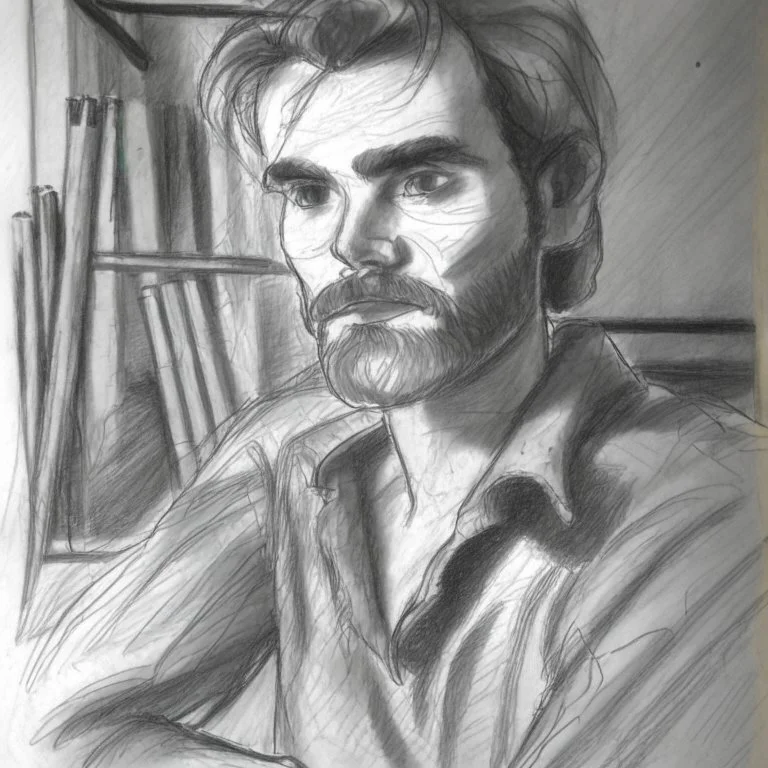 Portrait drawing of a man in a art studio