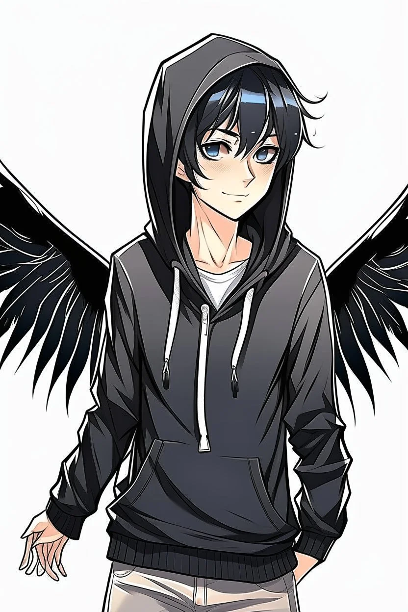 Anime man with black wings realistic happy wearing a hoodie