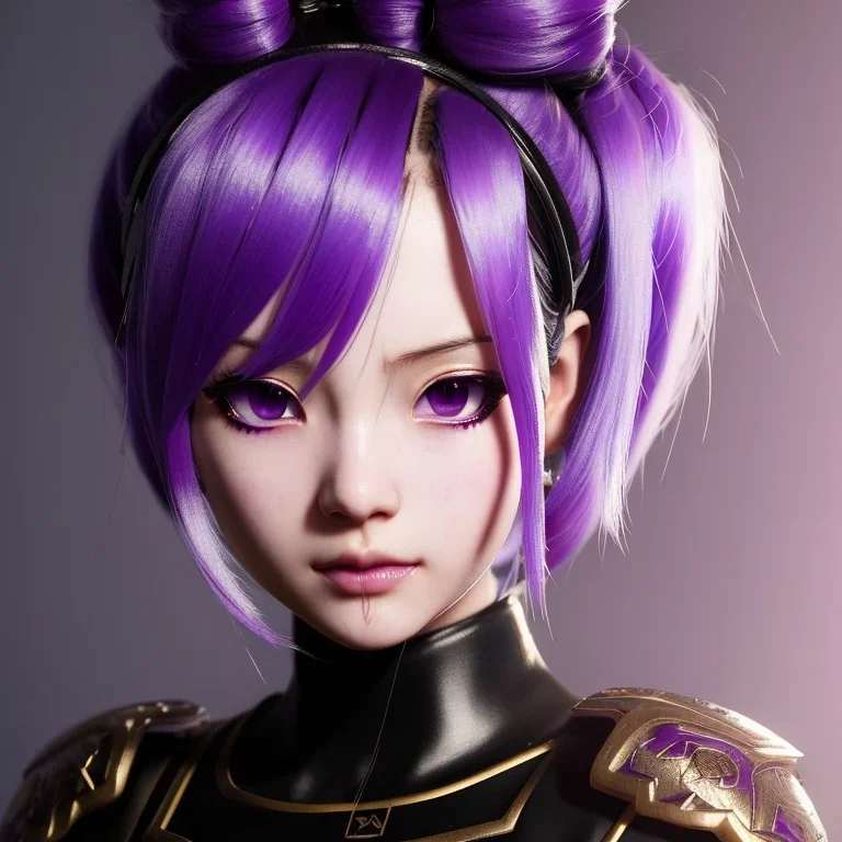 Detailed cute anime Kunoichi girl, purple hair buns, purple bangs, black latex bodysuit, intricate details, full body portrait, keep head in frame, slight smile, black Japanese motif, concept art, highly detailed, digital painting, concept art, sharp focus, illustration, art by Yoji Shinkawa, WLOP and greg rutkowski and alphonse mucha and artgerm and yanjun Chen and Junji ito and Makoto Shinkai, HDR, octane render