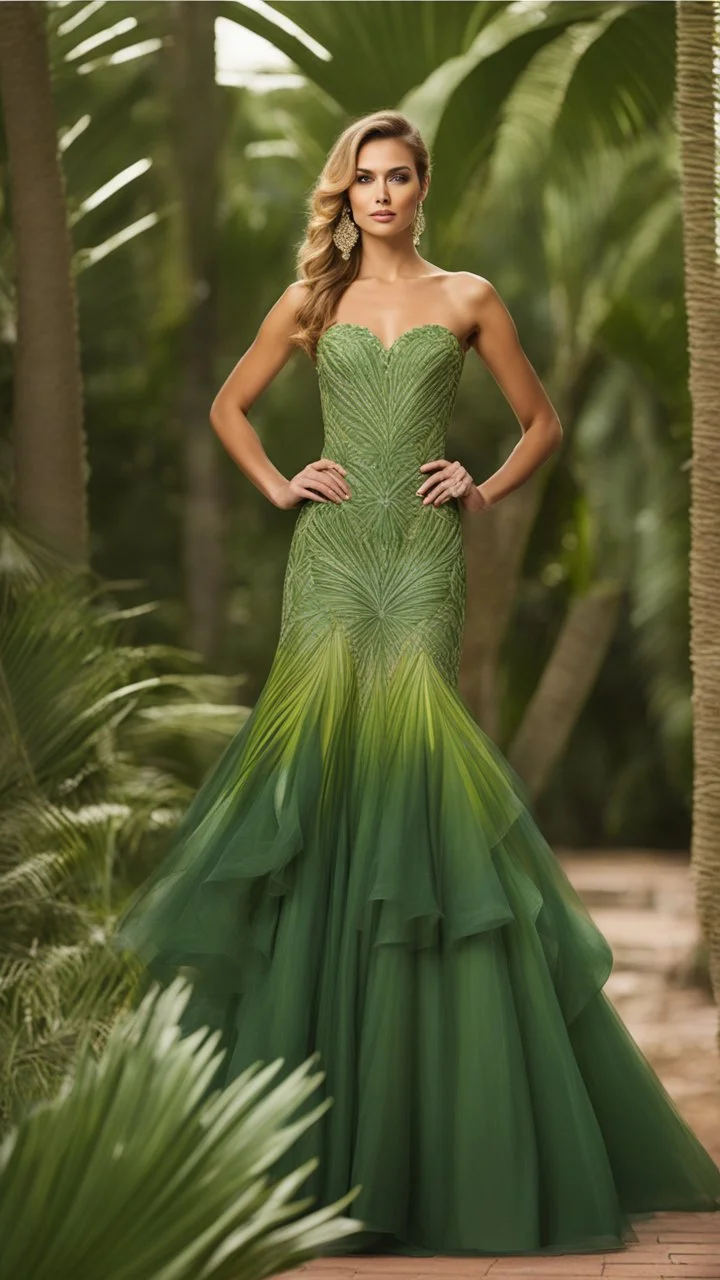 "Create an elegant fashion design template of a pageant dress inspired by fan palm displayed on a mannequin. Create a captivating pageant gown that embodies the verdant beauty of a fan palm in its most graceful form. Envision a flowing, ethereal dress in varying shades of lush green, capturing the hues found in the leaves of the fan palm. Incorporate intricate details resembling the palm's leaf structure, perhaps through subtle pleating or layering to mimic the gentle swaying of palm fronds in t