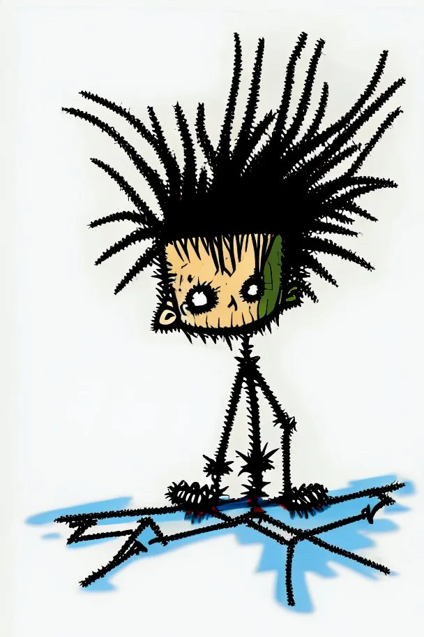 2d drawing of a stickman, cool with punk hair, x eyes like in hangman, laying flat on stomach,backside view,3d realistic in colour