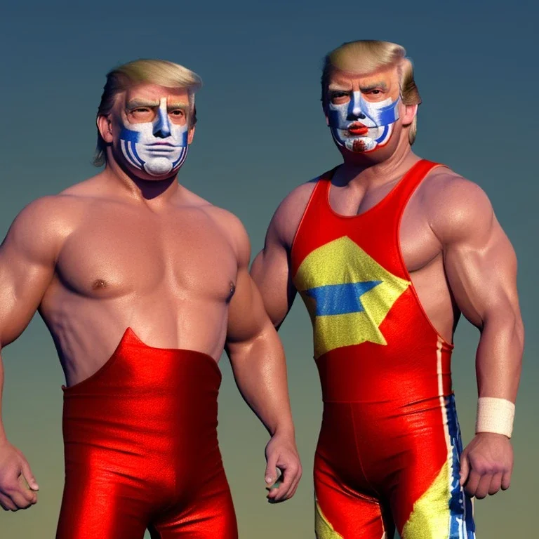 Realistic image of Donald trump wrestler, Mexican wrestling style, Mexican wrestling mask eyes, red and blue breeches, glow us flag dress, suspenders, retro style, 80s, vibrant color, highly detailed, sky background, concept art, unreal engine 5, god rays, ray tracing, RTX, lumen lighting, ultra detail, volumetric lighting, 3d, finely drawn, high definition, high resolution.