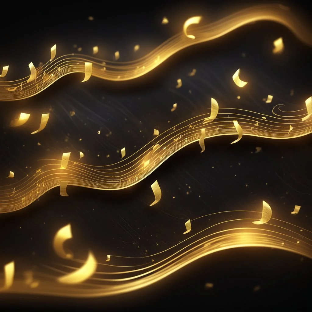 Glowing Wavy Mini Golden Musical-Notes In A Dark Fantasy Background.