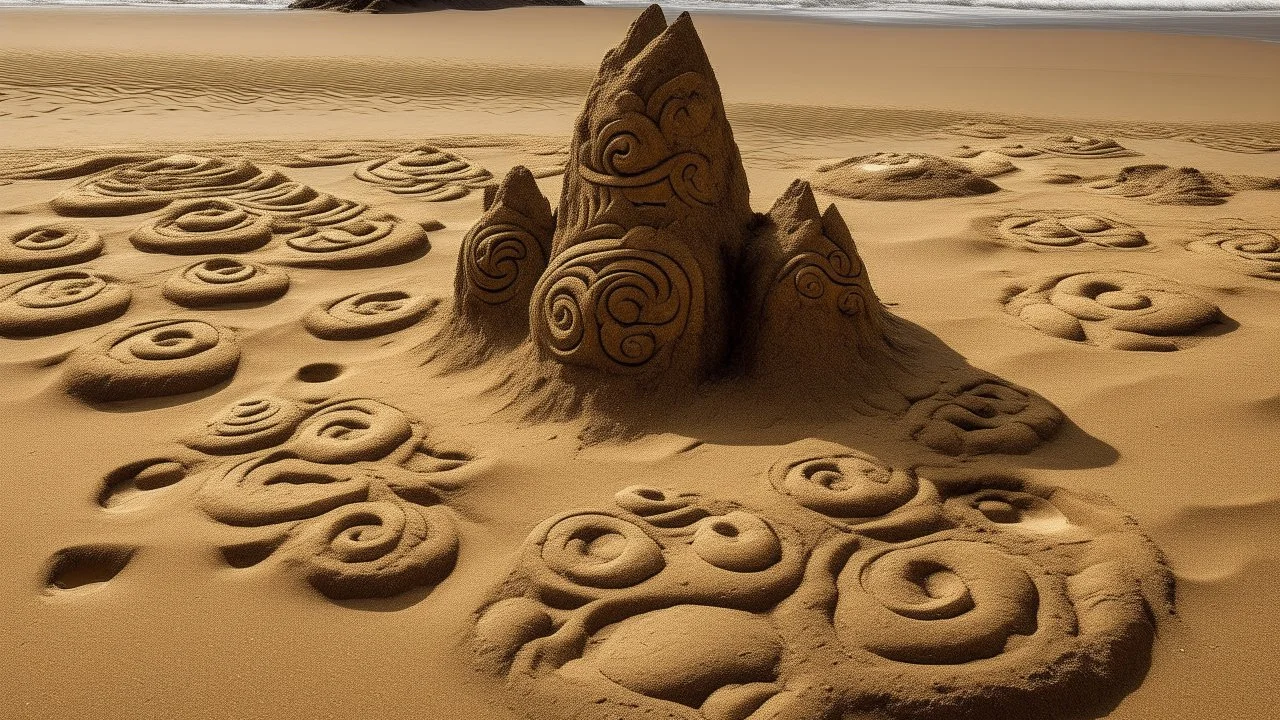 A brown rocky road surrounded in sand designed in Maori sculptures