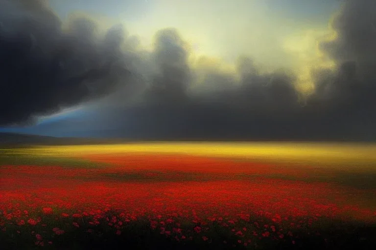 breathtaking oil painting with palette knife of a undulating landscape in luxurious nature, volumetric lighting, with intricate art nouveau moody dark tumultuous volumetric clouds, at dawn with roses and golden petals flying, rembrandt style, concept art, matte, by krista schumacher and georgia hart