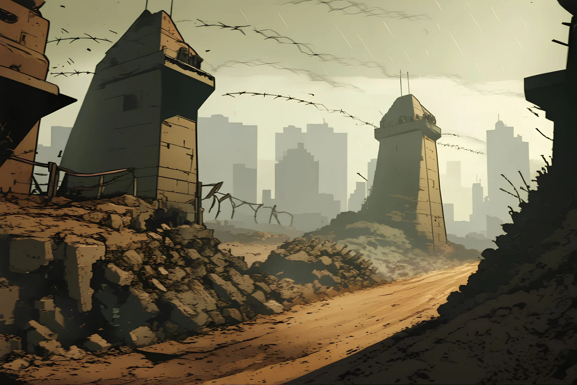 comic book style zombie apocalypse fortified bunker. Tall walls with military watchtowers, barbed wire fences. Post apocalyptic city setting. Road leading up to it. Night, rain