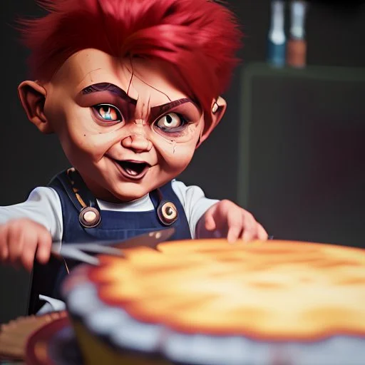 create me an ultra realistic chucky doll celebrating his 35th birthday by stabbing the cake with his knife