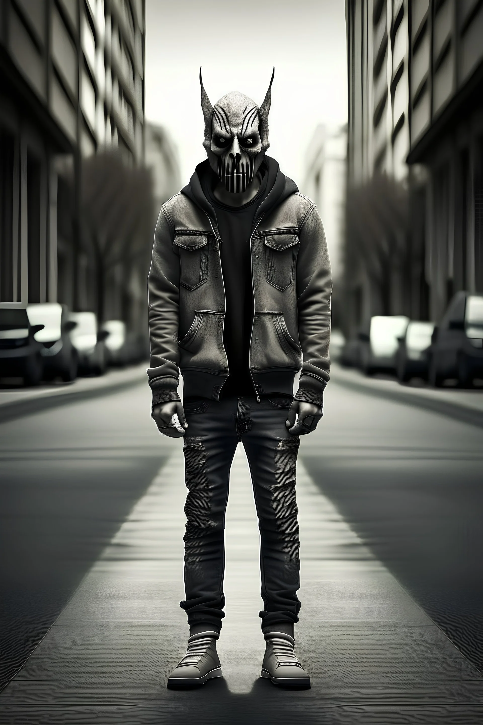 Mega villan. Human looking. Standing on street