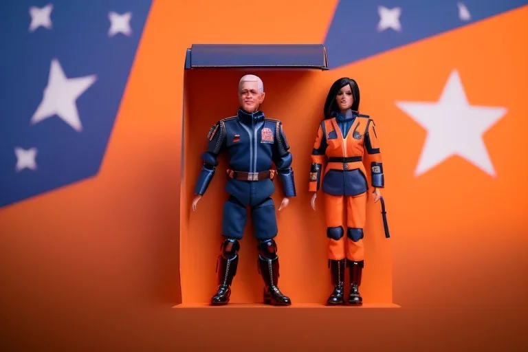 Mike Pence action figure Doll Space force uniform inside a blister packaging hanging on a Wallrack in toystore, fluorescent orange cloth, toy guns, wide angle shot whole body, black boots, fullsize