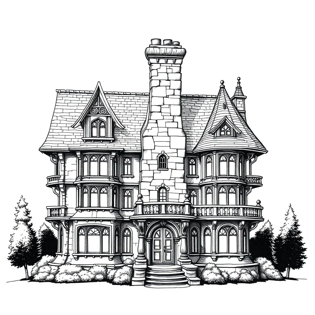 A detailed ink illustration of a front elevation of a fantasy house, with a tall chimney, rooms and floors added to the sides and roofs.