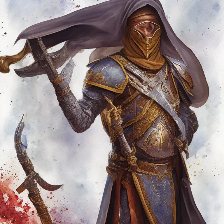 dungeons and dragons, portrait, watercolor, Muslim, arab, full body, masked, mosque background, gun