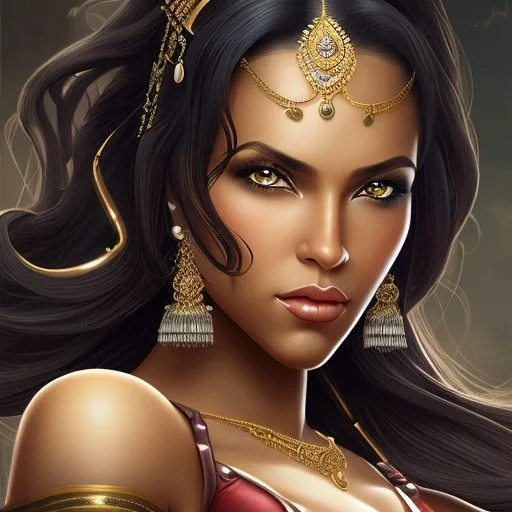 Portrait, Woman, heroic fantasy, dark-skinned, indian, wavy black hair, one green hair strand