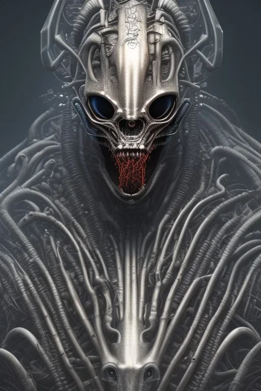 evil predator with crown, alien, brutal face, tron, head, burn eyes, 8k, finely detailed, dark light, photo realistic, hr giger, cyberpunk