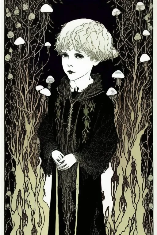 7 year old boy, friendly, looks dead, with weird mushrooms growing out of him, wearing black robes, in the style of Harry Clarke