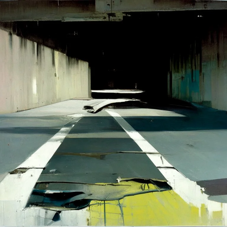 Minimal abstract oil paintings desolate 1960s carpark concrete fragments and naked bodies. style of Justin Mortimer and Francis Bacon. road markings.