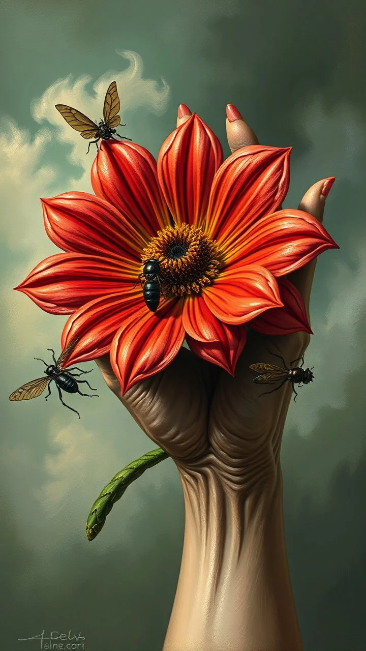 Bosch style painting , A 3D evil hand holding a insects killer flower