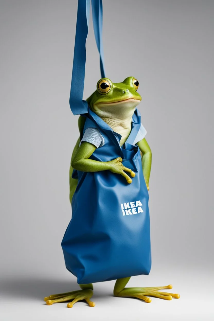 a frog wearing a blue ikea bag like pants