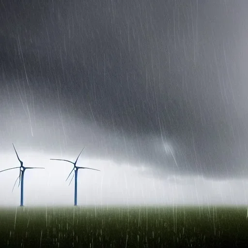 Thousands vertical wind turbines. Heavy cold rain. Thunderstorm. An engineer looking up. Futuristic scenary. Gray mist.