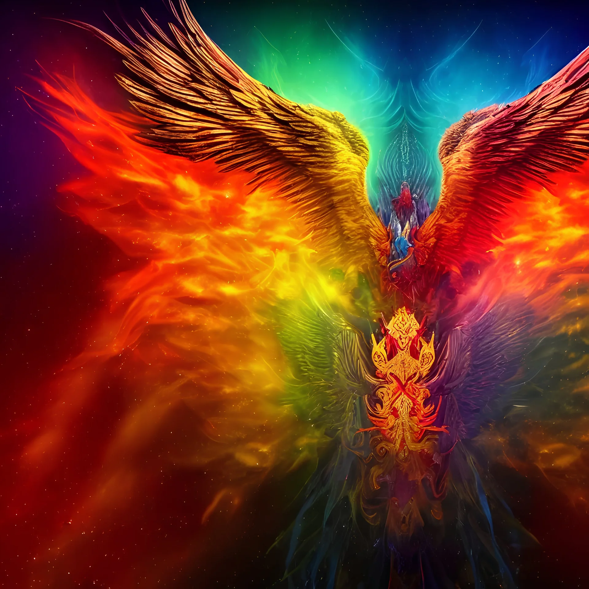 Multicolor photography portrait of a royal Phoenix, very symetric, covered by gold in his wings, halo of fire, space background, very beautiful very detailed, hyper intricate, very magnificent, mystical rendering, hdr, 8k, sunlight, autumn colours, perfect angle, perfect color, perfect symetrical, octane effect rendering, great angle photography, cinema 4d