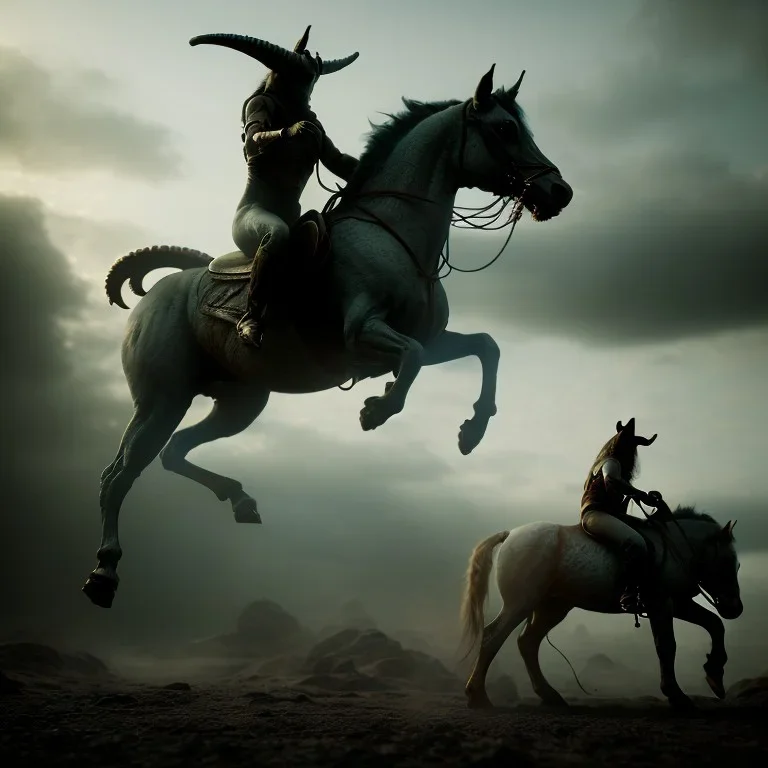 demon riding a horse, spectral, 4k, 8k, highly detailed, cinematic, ultra photorealistic, ultra realistic, volumetric lighting, moody, gloomy