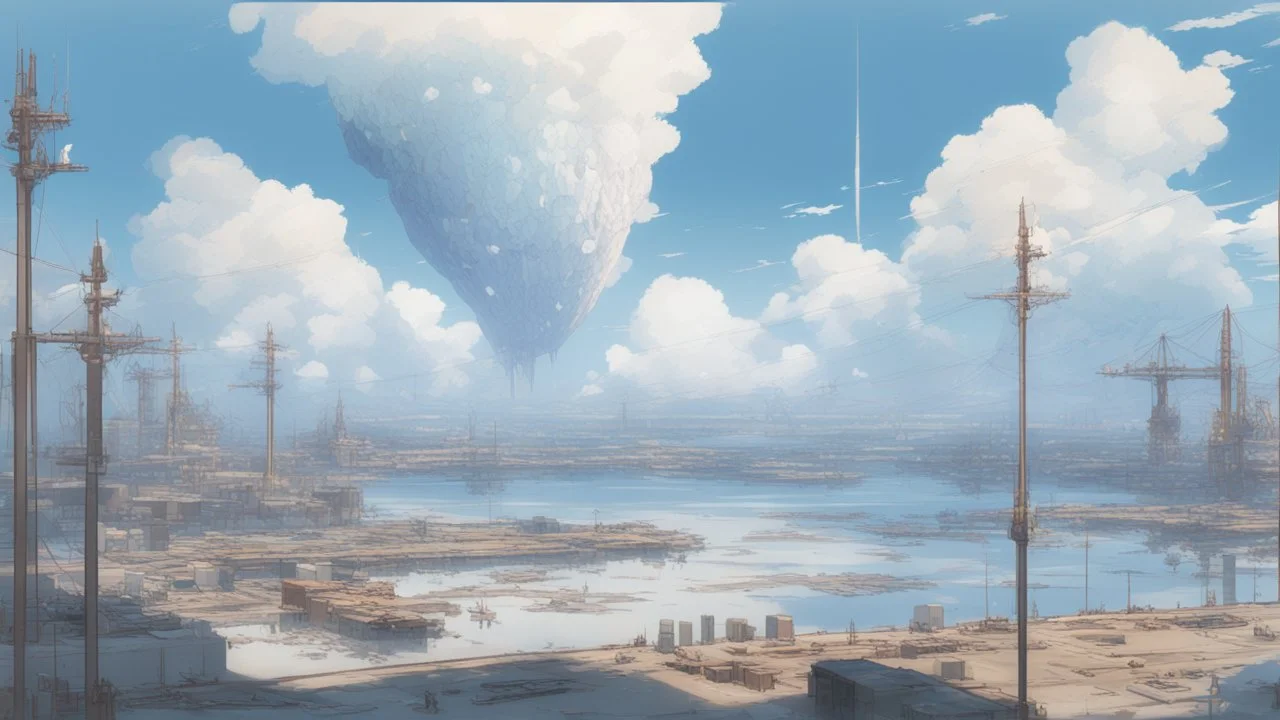 giant half transparent moon, glitchy, blurry, mechanical, sci-fi, maximum quality, centered on frame, far view, seasidel, white sky with cumulonimbus, anime, makoto shinkai style, japanese harbor, rusty, decrepit, foggy