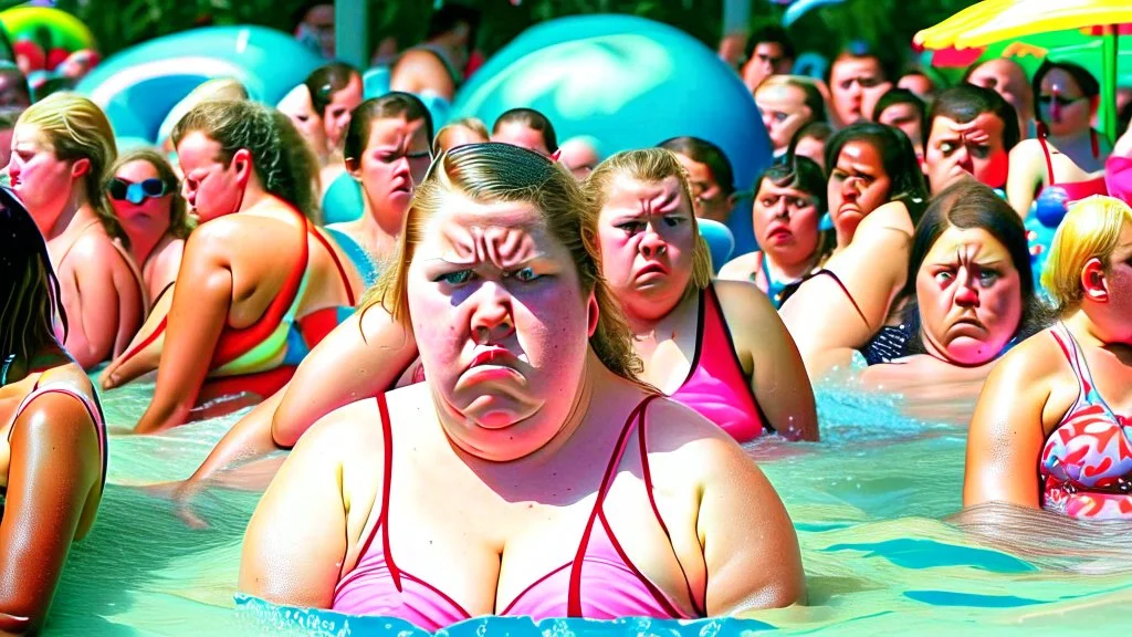 woman pouting at a crowded water park