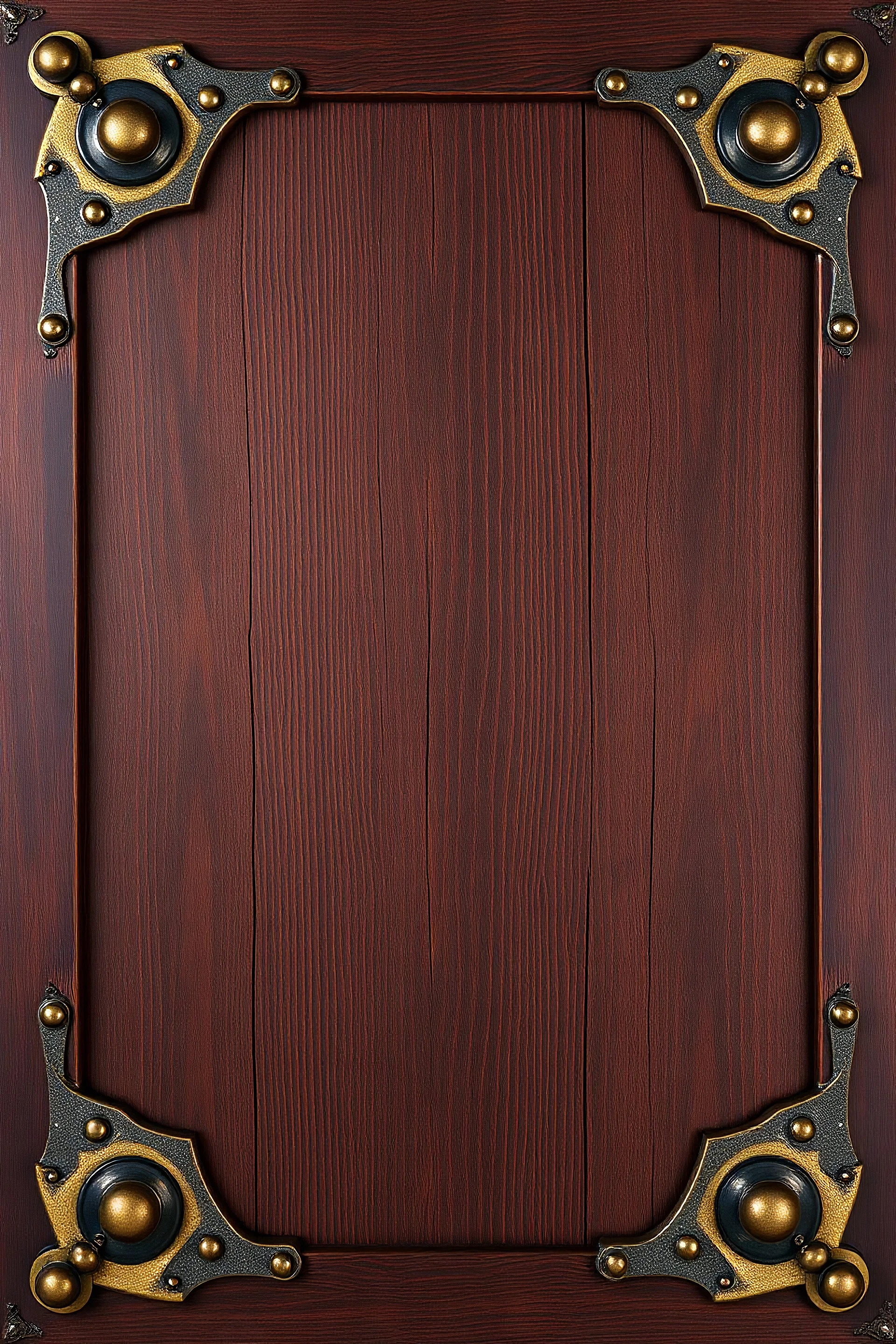 darker wood panel background, framed by decorative western style brass elements in each corner