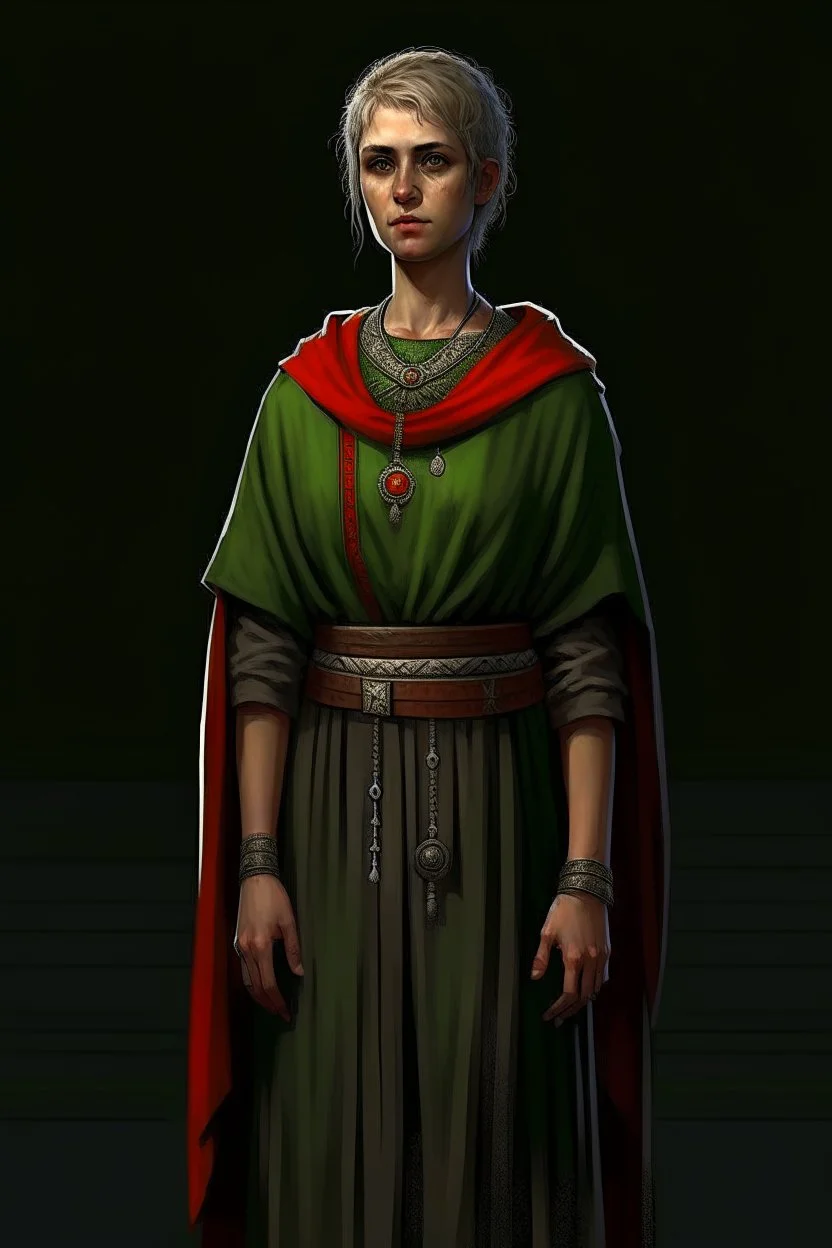 full length, tall, gangly, 22-year old, short haired, nordic looking grey-eyed female human cleric with a red beaded necklace, no earrings, dark green robes